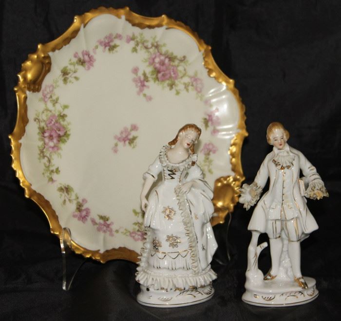 Limoges France B&H (Blakeman & Henderson) Porcelain Plate shown with Pair Vintage Japan Colonial Couple Figurines