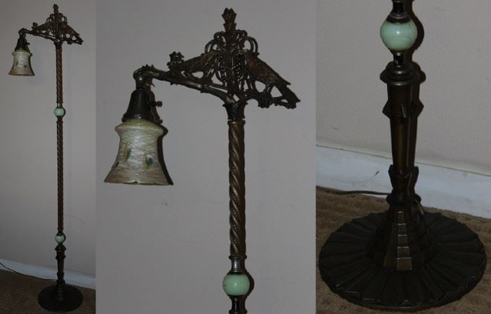 Antique Bridge Arm with Birds Floor Lamp with Slag Glass Ball Insert and Art Glass Shade