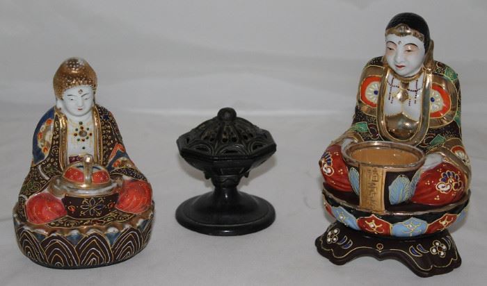 Moriage Made in Japan Porcelain Hand Painted/Enameled w/Gold Buddha Incense Burner (6" & 7") and Old Cast Iron  Pedestal Incense Burner (4"H x 3"D)(Sold)