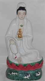 Guan Yin "Goddess of Mercy" Seated on Lotus Blossom Hand Painted Porcelain Figurine (10"H x 5"W x 4"D)