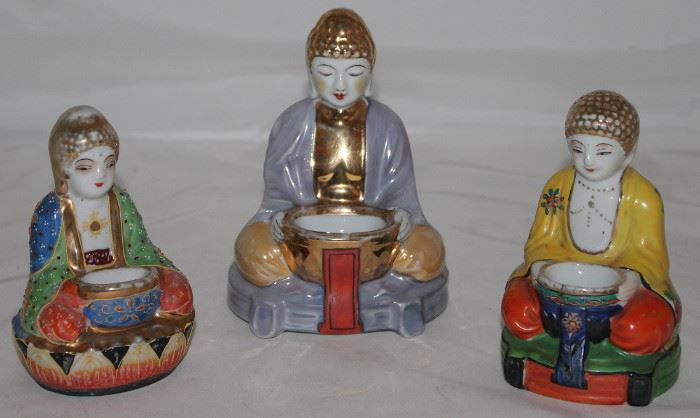 Made in Japan Buddha Porcelain Incense Burners:  Moriage Hand Painted/Enameled Buddha (5"), Shofu Hand Painted (6") and Hand Painted Floral (5")