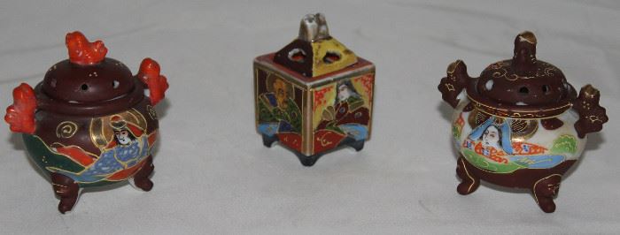Satsuma Moriage Made in Japan Miniature Handpainted/Enameled with Immortals Incense Pots w/Lids (3"H)