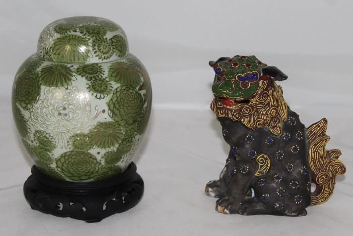 Fustia Kutani Green Chrysanthemum Porcelain Ginger Jar w/Stand Made in Japan shown with    Vintage Porcelain Hand Painted/Enameled Open Mouth Foo Dog  Made in Japan