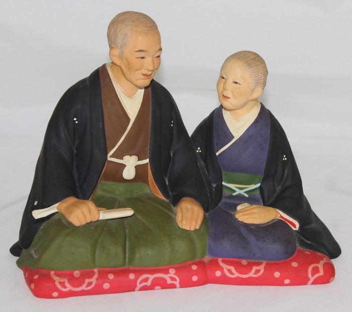 Hakata Urasahi Hand Painted Ceramic Figurine, Seated/Kneeling Man & Woman (8.5"L x  5"W x 7"H) Made in Japan