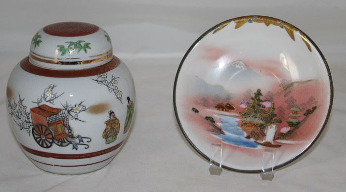 Oriental  Hand-Painted Porcelain Ginger Jar with Stand (not shown) 5"H x 5"D shown with Soko China Hand-Painted Mount Fuji Landscape Plate (5.5"D)