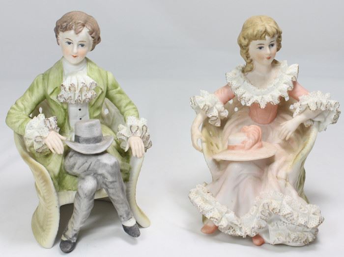 Vintage Porcelain Bisque Pair seated man and woman Figurines with Lace Trim Customs  