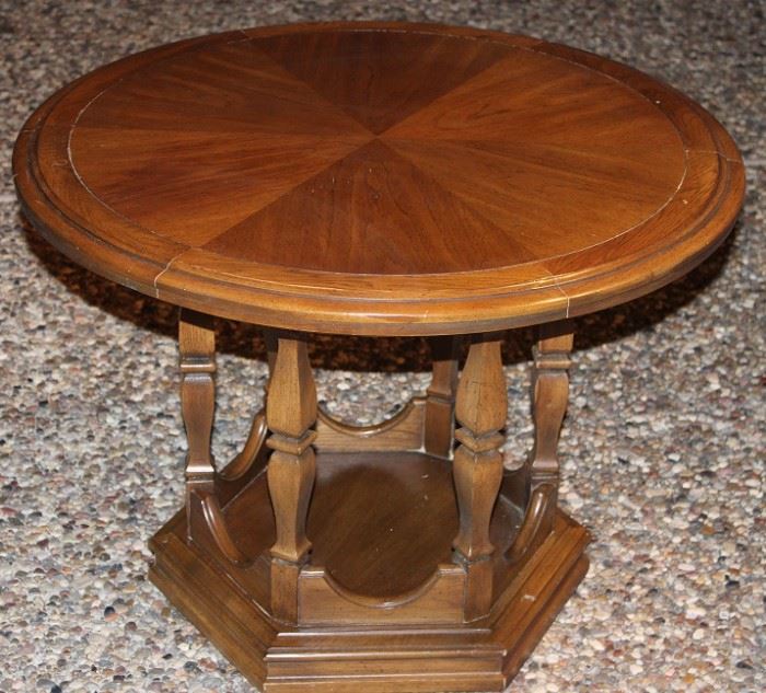 Vintage Round Occasional/Cocktail Table on Hexagon Turned Wood Shelf Base (48"D x 20"H)