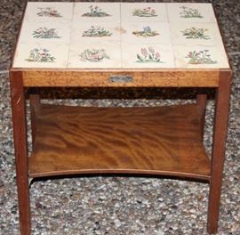 Vintage Mid-Century 1957 Oak Tile Top Table with Lower Shelf (20 3/4"L x -5 3/4"W x 20"H)