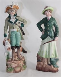 Antique Dresden Hallmark Porcelain Bisque Hunter with Dog (12");  Weiss Kuhnert & Co (1891-1900's) Grafenthal, Germany Porcelain Bisque Lady with Riding Crop (10")
