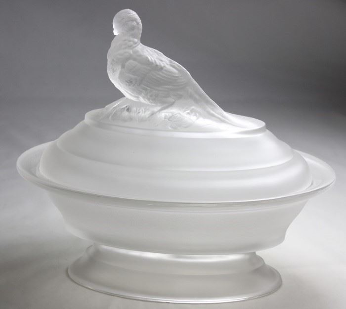 Imperial Glass Atterbury Dove Box #214 Satin Glass Oval Covered Bowl with Footed Base and Bird Finial Lid Circa 1950's