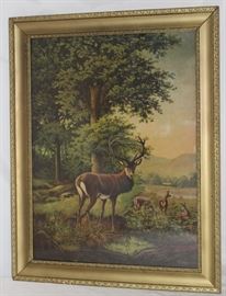 Vintage Lithograph Framed Print "Deer on Edge of Clearing" by German Artist Robert Georgius" (1871-1942)