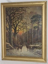 Vintage Lithograph Framed Print "Deer on a Snow Covered Winter Morning"  by German Artist Robert Georgius" (1871-1942)