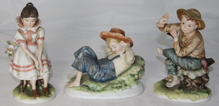 Lefton Porcelain Bisque Figurines: Becky Thatcher, Huck Fin and Tom Sawyer