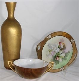 Gold Leaf Style Bottle Vast (16"H), Oscar & Edgar Guterz (1899-1918) Hand Painted Grapes w/Gold Encrusted Border Tab-Handled Plate (10" x 11.5") and Copper Lustre Exterior 2-Handled Bowl  with Opal Lustre Ware Interior (7.5")
