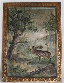 Bradley & Hubbard Hand Painted Elk Bronze Frame Cast Iron Wall Plaque (12 3/4 x 9 3/8") RARE