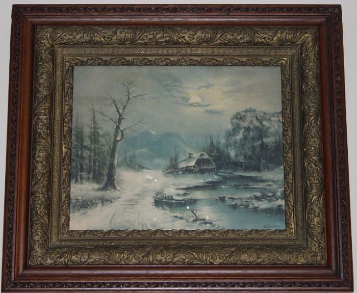 American Pastel Artist William Henery Chandler (1854-1928) Antique Snow Scene (20"x16") With Exquisite Antique Oak and Gold Gilt 6" Frame (Overall 32" x 28")