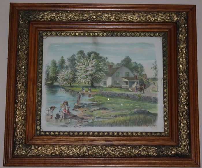 Antique Oak and Gold Gilt 6" Frame  with Vintage Ged Blair Print (20" x 16") Overall 32" x 28"
