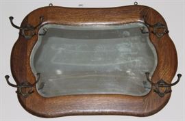 Antique Quarter Sawn Framed Bevel Mirror with Hat Hooks (34"W x 23H)