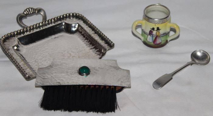 Antique Hammered Silver "Silent Butler" Crumb Tray & Brush with Cabochon Green Stone,  Antique Miniature Loving Cup London England Sterling Band (1831 Hallmark) and William Page & Co. Birmingham  England Electroplate Silver Mustard Spoon