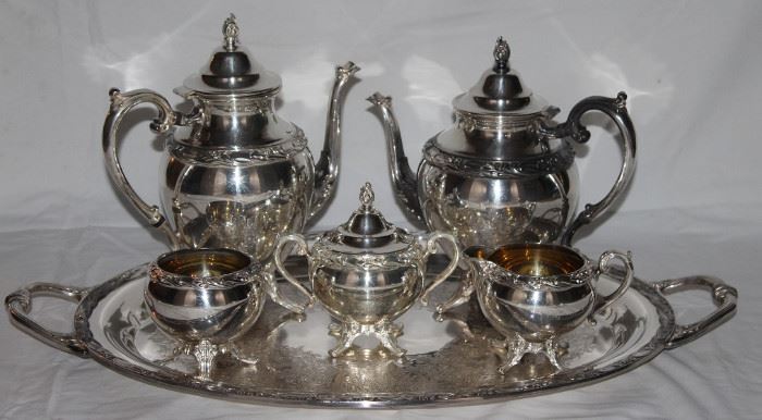 William Rogers & Bros "Exquisite" Silverplate Tea Service:  Oval Tray, Coffee Server, Tea Server, Waste Bowl, Sugar and Creamer 