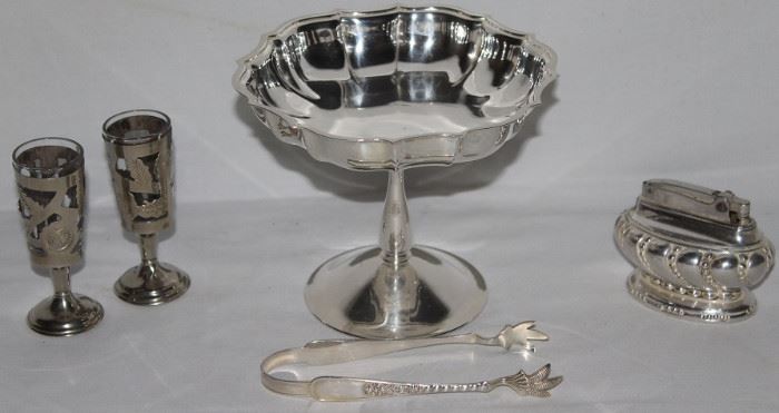 Vintage Mexico Silver Cased Liqueurs with Glass Liner, International Silver Co. "Chippendale" Silverplate Compote (4.5"H x 5.5"D), Ronson "Crown" Silver Butane Table Lighter and Rogers & Bros "Assyrian" Silverplate Sugar Tongs