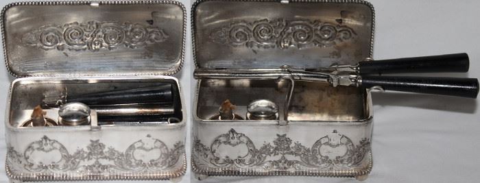 Barbour Silver Co. Quadruple Plate Antique Kerosene Boxed Curling Iron with Burner C.1800's