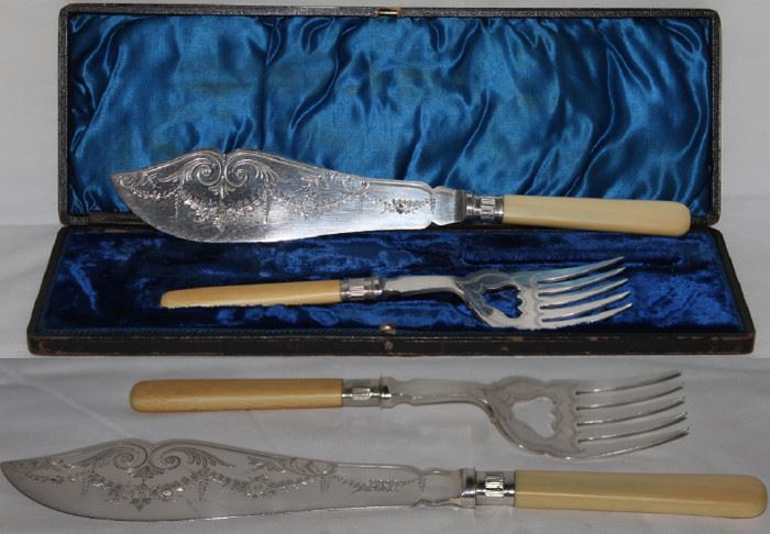 HB&H Harrison Bros. & Howson, Sheffield England (1862- 1900's) Sterling Bone Handle Fish Serving Set. 12" Knife/Blade 8" x 2".   9" Fork/Prong Server 5.5" x 2") with Orignal Storage Case and shown in a closer view without the box