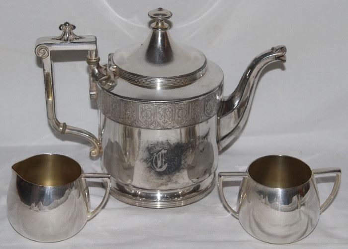Reed & Barton Antique Silverplate Victorian  Monogram Teapot  and Empire Crafts Quadruple Plate Sugar & Creamer