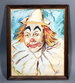 Original Mixed Media Clown Painting, Framed, Artist Signed but Illegible, 18"W X 22"H