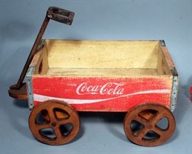 Vintage Coca-Cola Wooden Wagon, Magic Turtle Light-Up Push Toy, Vintage Fisher-Price Corn Popper