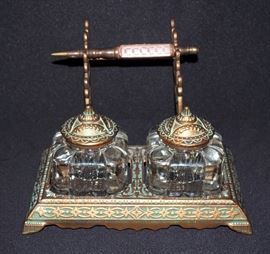 Ornate Brass And Glass Ink Well Desk Set