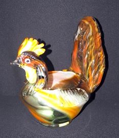 Handblown Art Glass Rooster Bowl, Cristales Of Chihuahua Made In Mexico, 9"W X 11"H