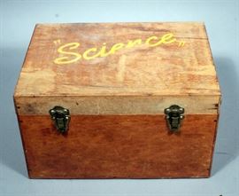 Hinged Wooden Box Marked "Science" W/ First Aid Supplies, 16"W X 9H" X 11"D