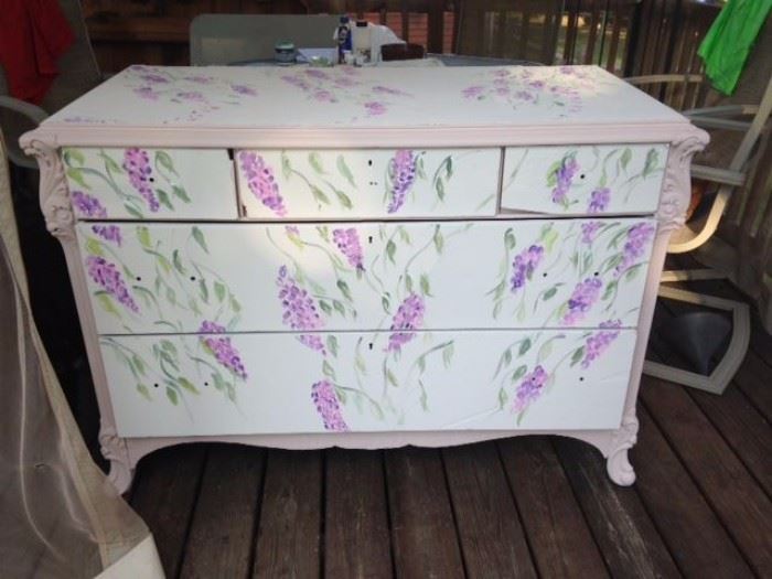 Antique dresser, wood under is mahogany, drawers are painted inside as well.