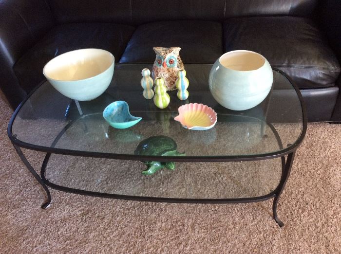 Vintage Johnathan Adler etc pottery on metal & glass top coffee table