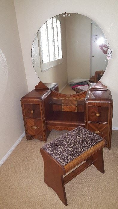 Art deco dressing table with bench.  Part of a set which includes a queen size bed and tall dresser/bureau.