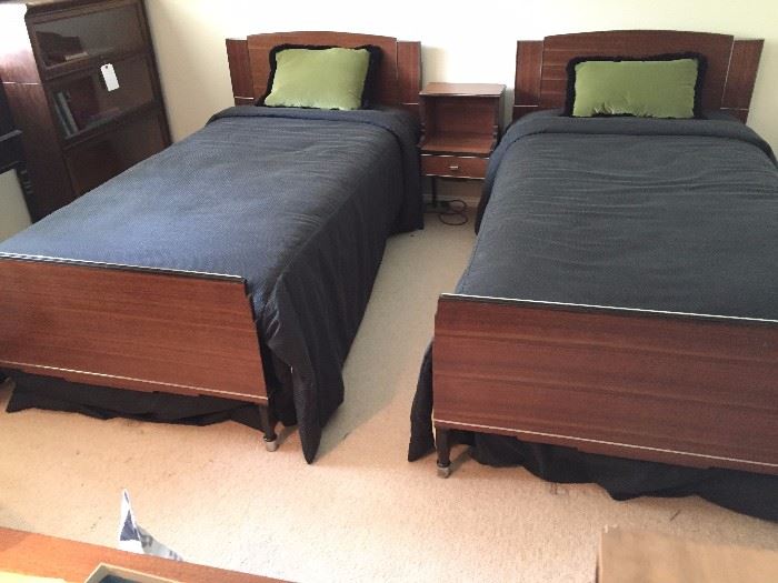 Art deco twin beds with night stand.  Part of a set which includes two dressers and a desk.