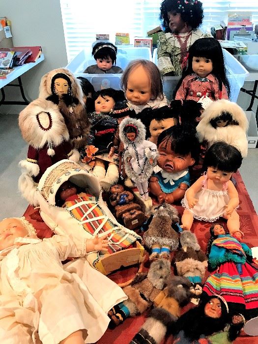 Variety of dolls: Madam Alexander dolls, Gotz Puppe, Indian style dolls, Eskimo dolls, Cabbage Patch dolls with Adoption papers, and others.