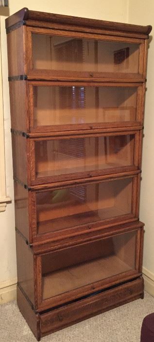 1920 vintage tiger oak barrister bookcase, 5 stack with base drawer 