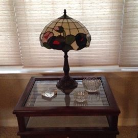 Stain Glass Lamp and cherry/glass curio table 