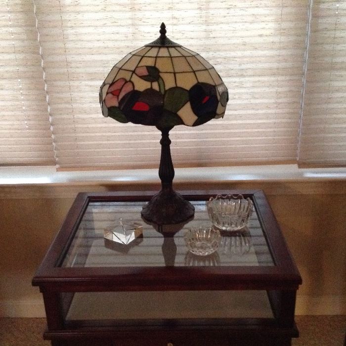 Stain Glass Lamp and cherry/glass curio table 