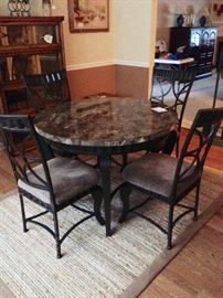Wrought Iron and Marble Round Table with 4 Chairs