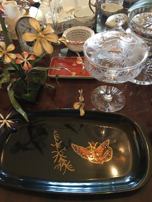 Antique etched compote, orange Limoges pin tray w/bees, Herend basketweave bowl, Noroc butterfly tray in foreground