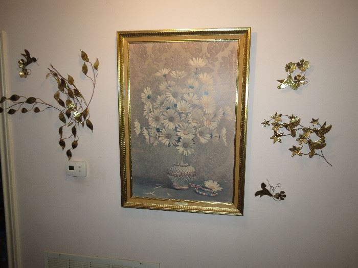 Large Mid-Century Framed Print "Daisies and Damask" by Stemkowski