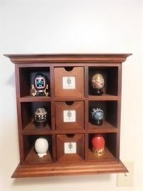 Carved Decorative eggs, Wooden display