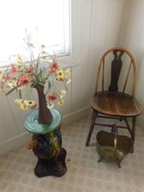 MAJOLICA Lions head plant stand,antique chair, brass bucket