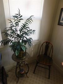Brass plant stand and antique chair