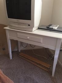Pottery Barn Side Table/Small Desk white plank designer collection.  DVD player and an older TV with built-in VHS 
