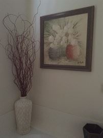 Signed framed oil painting.  Vase with wooden willow sticks.  