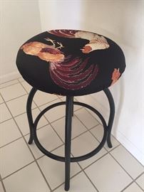 Barstool with chicken fabric in black, reds, yellows and creams
